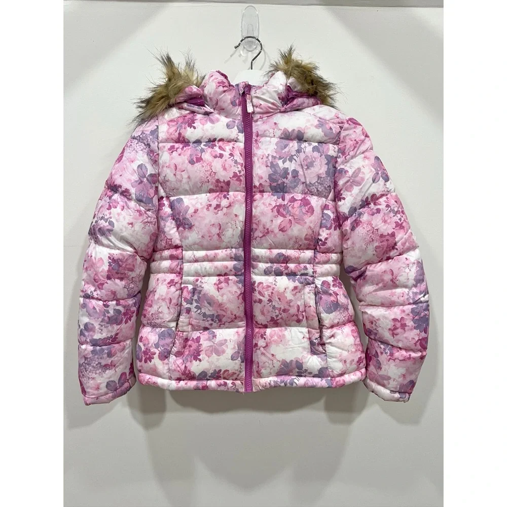 SO Girls Floral Puffer Jacket Faux Fur Hood Pink Purple Size 10/12